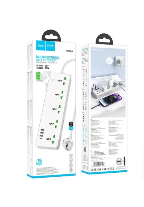 Подовжувач мережевий фільтр 2500W (5РОЗ 3USB 1USB-C) HOCO AC13A