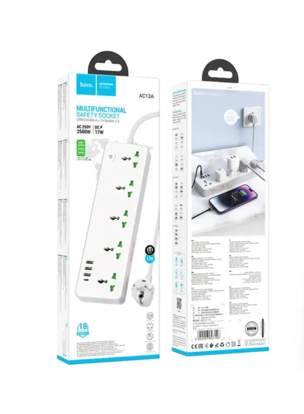 Подовжувач мережевий фільтр 2500W (5РОЗ 3USB 1USB-C) HOCO AC13A