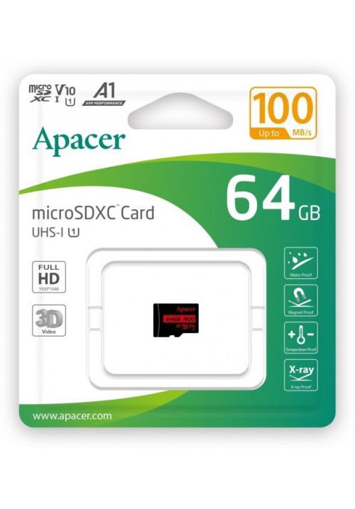 Карта пам'яті Apacer microSDXC UHS-I 64GB R100 V10 A1 (AP64GMCSX10UB-RA)