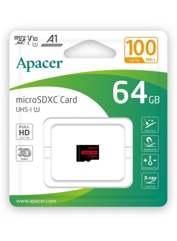 Карта пам'яті Apacer microSDXC UHS-I 64GB R100 V10 A1 (AP64GMCSX10UB-RA)