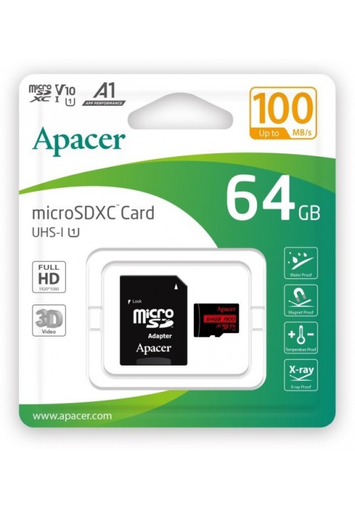 Карта пам'яті Apacer microSDXC UHS-I 64GB R100 V10 A1 + SD adapter (AP64GMCSX10UB-R)