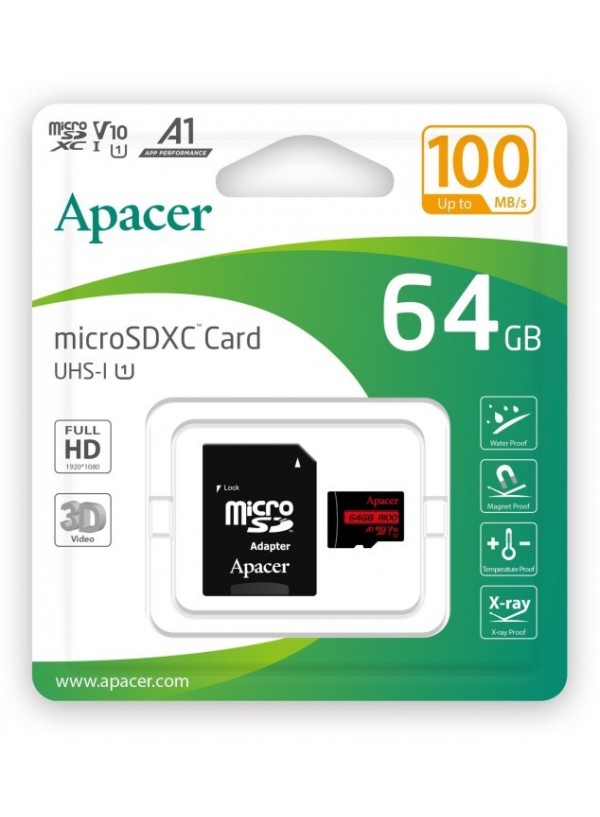 Карта пам'яті Apacer microSDXC UHS-I 64GB R100 V10 A1 + SD adapter (AP64GMCSX10UB-R)