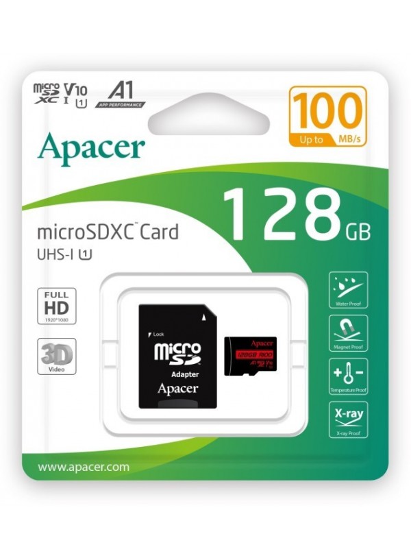 Карта пам'яті Apacer microSDXC UHS-I 128GB R100 V10 A1 + SD adapter (AP128GMCSX10UB-R)