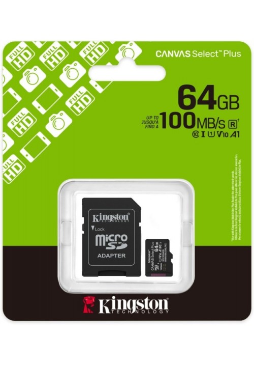 Карта пам'яті Kingston MicroSDXC 64GB Canvas Select Plus Gen3 100MB/s A1 + SD-адаптер (SDCS3/64GB)