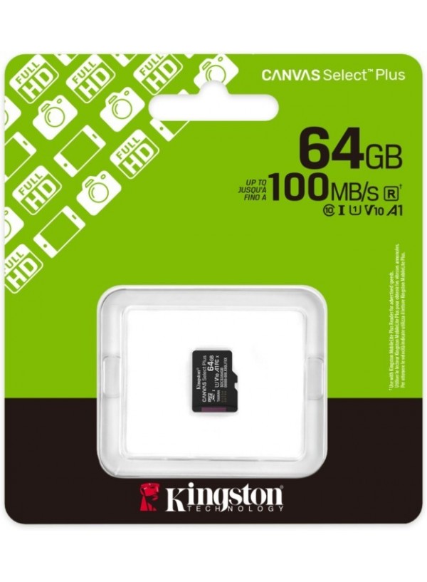 Карта пам'яті Kingston MicroSDXC 64GB Canvas Select Plus Gen3 100MB/s A1 (SDCS3/64GBSP)