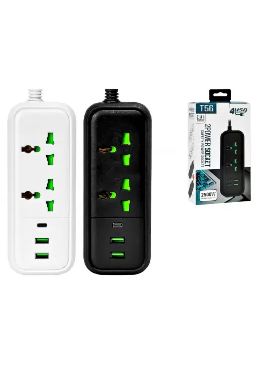 Подовжувач мережевий фільтр 2m 2500W (2РОЗ 2USB 1USB-C) T-56