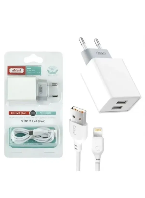 Мережеве зарядне XO L65 2.4A two USB charger for Lightning (Білий)