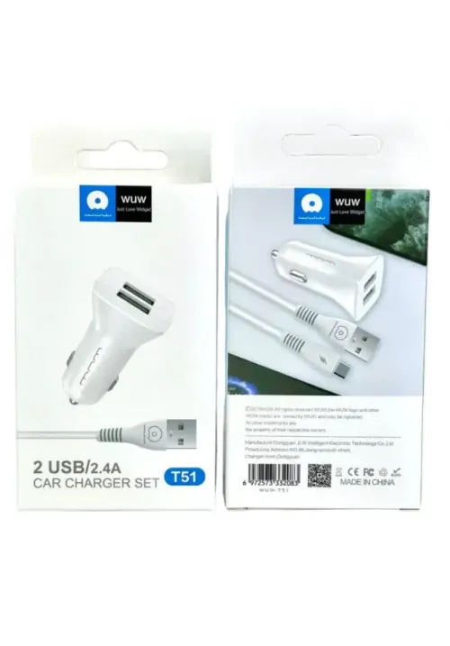 Автомобильное зарядное со шнуром Type-C WUW T51C (2USB/2.4A)