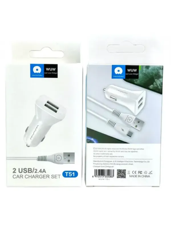 Автомобільне зарядне зі шнуром Type-C WUW T51C (2USB/2.4A)