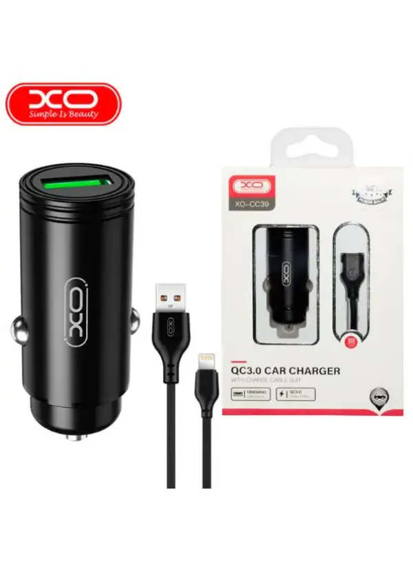 Автомобільне зарядне зі шнуром Lighting XO CC39 (QC3.0 18W)