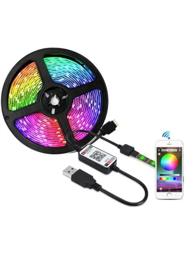 Світлодіодна стрічка керування через телефон RGB (5 метрів) для фонового підсвічування (працює від USB та повербанку) 0594