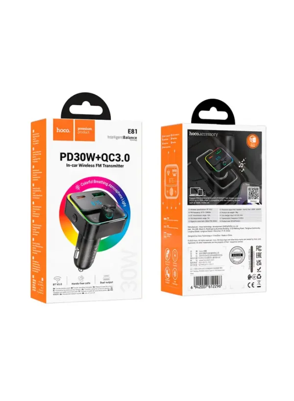 ФМ модулятор HOCO E81 (PD30W+QC3.0+Bluetooth)