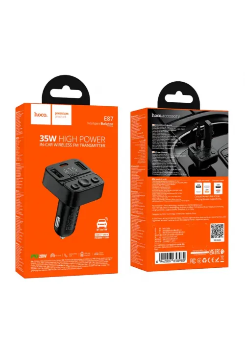ФМ модулятор HOCO E87 (PD20W+15W+Bluetooth)