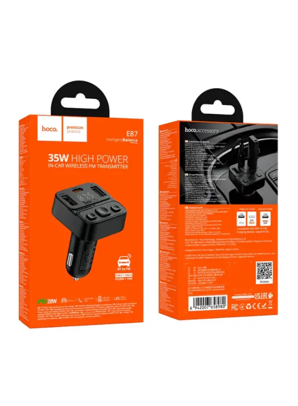 ФМ модулятор HOCO E87 (PD20W+15W+Bluetooth)